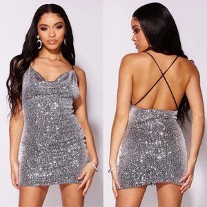 Silver Sequins Sleeveless Cowl Neck Open Back Backless Bodycon Mini Dress